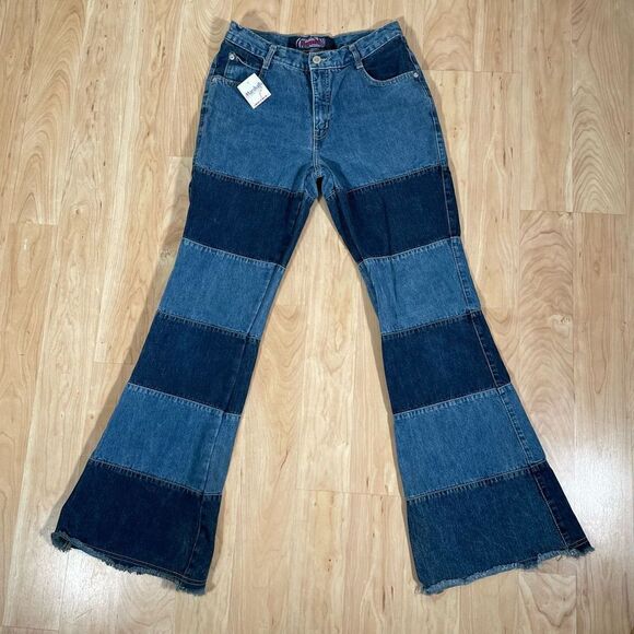 NWT Liquid Sz 9 Subdued Patchwork flare high rise trendy unique awesome jeans - Picture 1 of 12